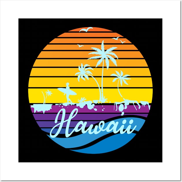 Hawaii Vintage Sunset Surfer Souvenir Wall Art by tropicalteesshop